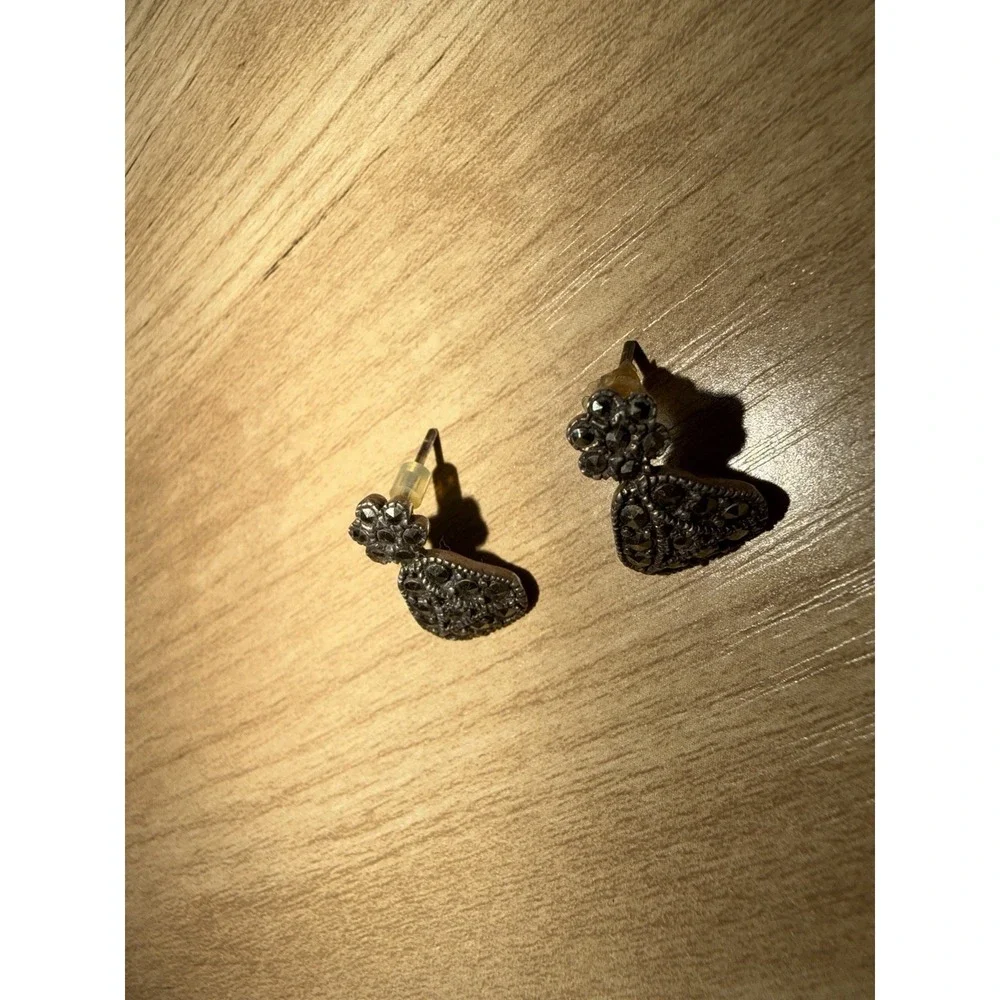 Vintage Sterling Silver 925  Marcasite Earrings Pierced Triangle Stud
